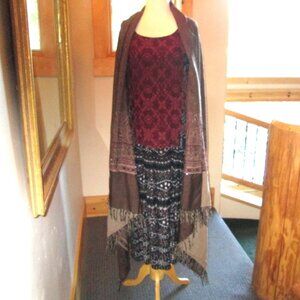 Kusnadi 3/4 sleeve Earthtone Mix Patterned Cotton Dress with Wool Beaded Shawl